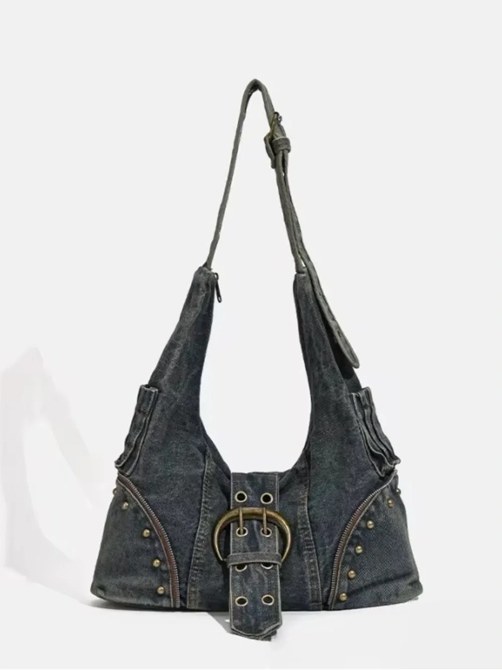 Denim Studded Hobo Shoulder Bag - Dark blue